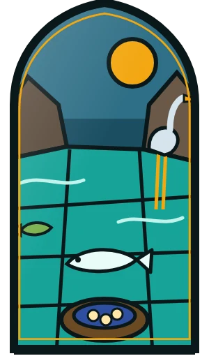 Sea-glass lancet window: an inlet between rocks, a heron on a ledge, a bass above its nest and the morning sun