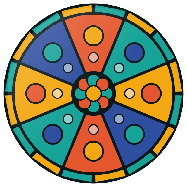 A round sea-glass window in coral, teal, saffron and cobalt